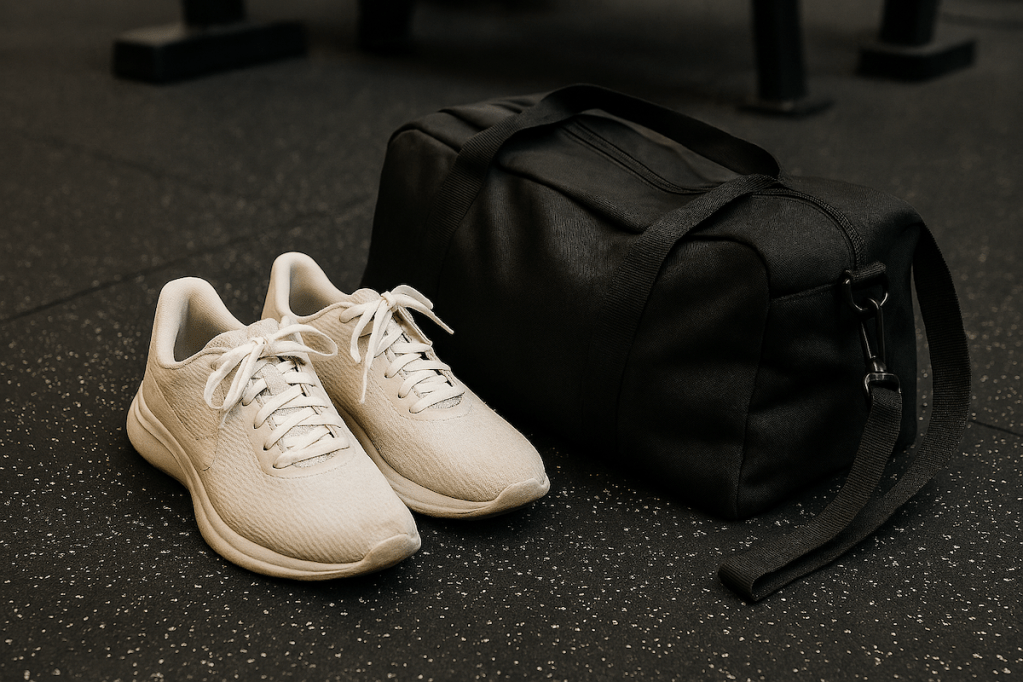 apatillas blancas de gimnasio y bolso negro mediano, ambos visiblemente usados, sobre piso de goma negra en un gimnasio, con equipos de entrenamiento desenfocados al fondo. La imagen transmite compromiso, rutina y preparación antes de iniciar una sesión.