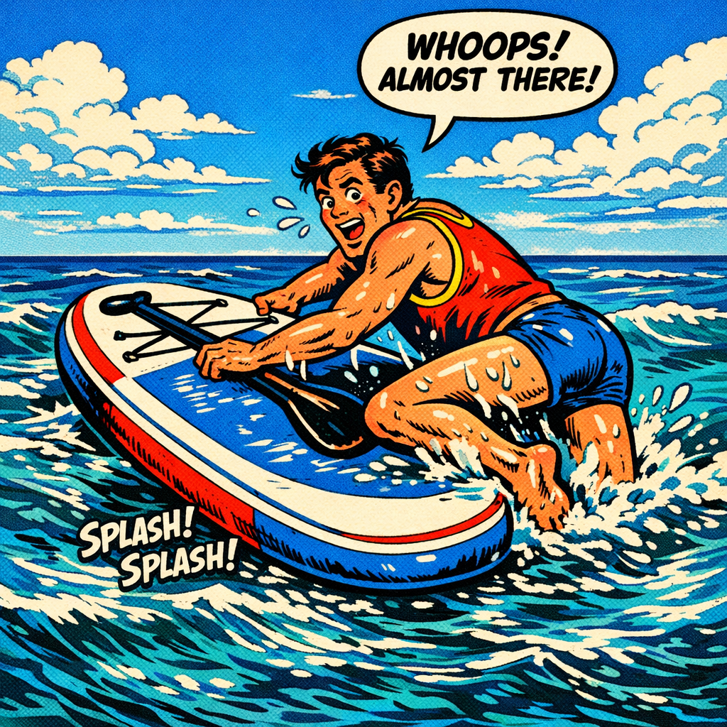 Tabla de SUP en la playa. Estilo comic.
